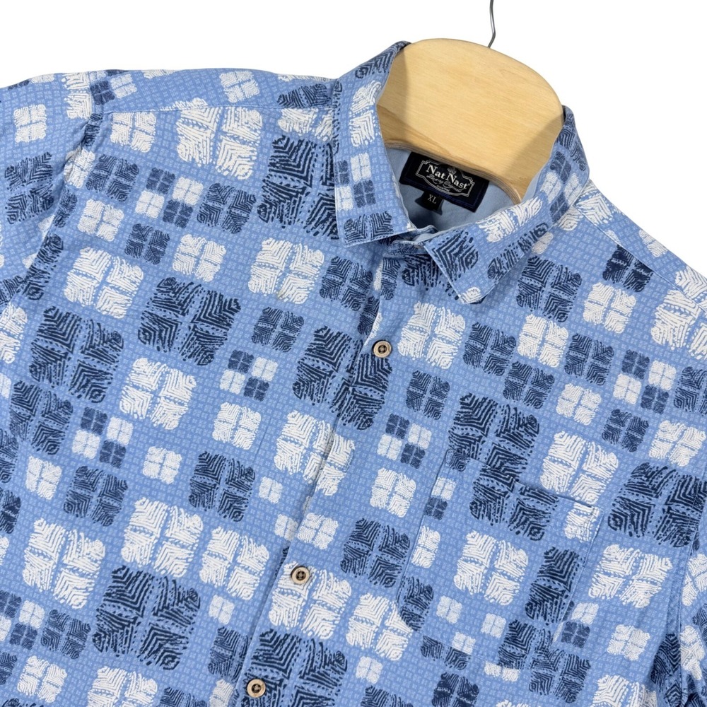 Nat Nast Shirt Mens XL Blue Geometric Short Sleeve Silk Blend Button Casual